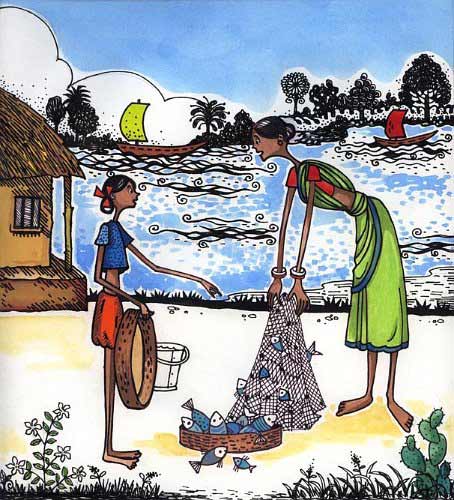 Preparatory illustration by Proiti Roy from 'Putul and the Dolphins' written by Mariam Karim Ahlawat (Tulika, 2006)
